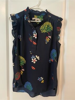 Loft Navy Floral Sleeveless Ruffle Top